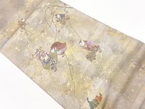 リサイクル　作家物　金彩螺鈿枝花に童子模様織出し袋帯